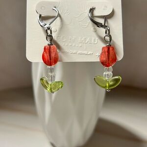 Vibrant Red and Green Tulip Earrings